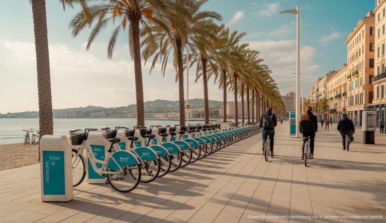 BiciPalma: Verzögerung trotz gestiegener Tarife und Investitionen BiciPalma Station mit Menschen auf Fahrrädern vor der Küste von Palma de Mallorca