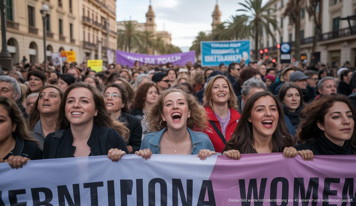 Demonstrierende in Palma de Mallorca mit Anti-Kriegs- und feministischen Botschaften