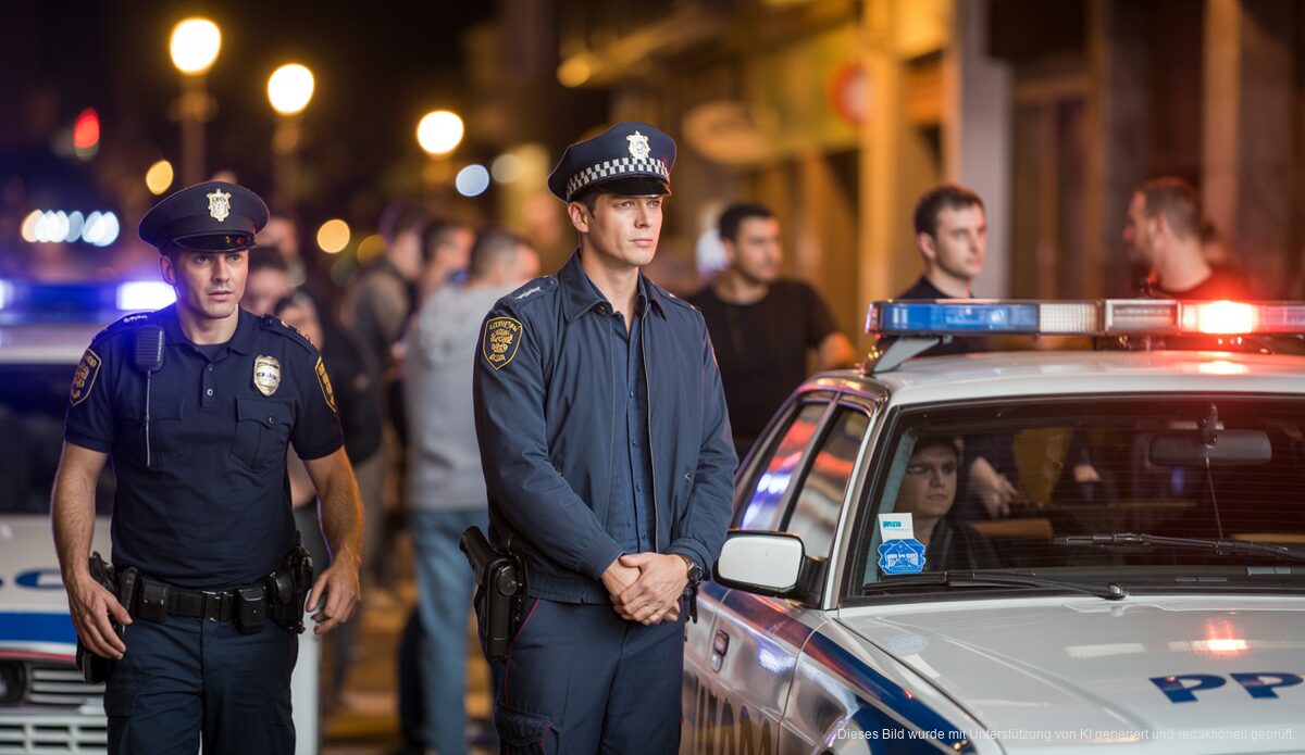 Vier Festnahmen nach Messerangriff vor Discothek in Palma de Mallorca Polizisten bei Nacht vor einer Discothek in Palma de Mallorca