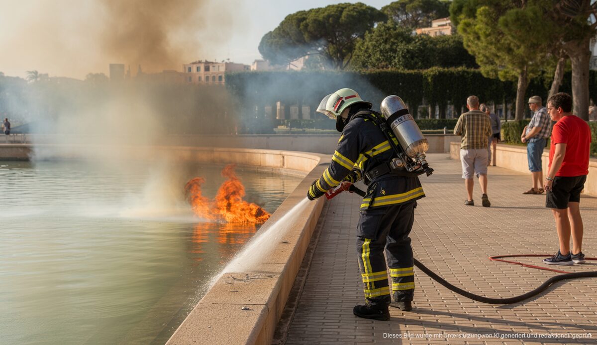 Brände und Unfälle erschüttern Palma de Mallorca: Neueste Entwicklungen Feuerwehrmann löscht Brand am Parc de la Mar, Palma de Mallorca