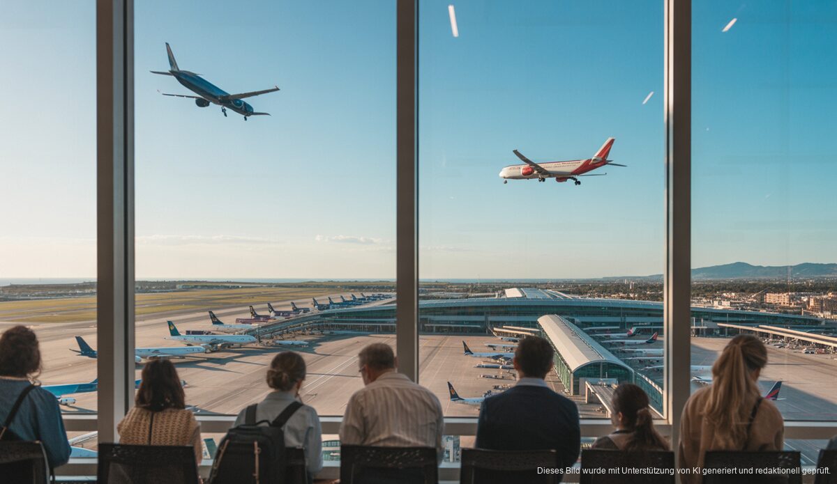 Luftaufnahme des Flughafens Palma de Mallorca mit Flugzeugen und Passagieren bei Tageslicht