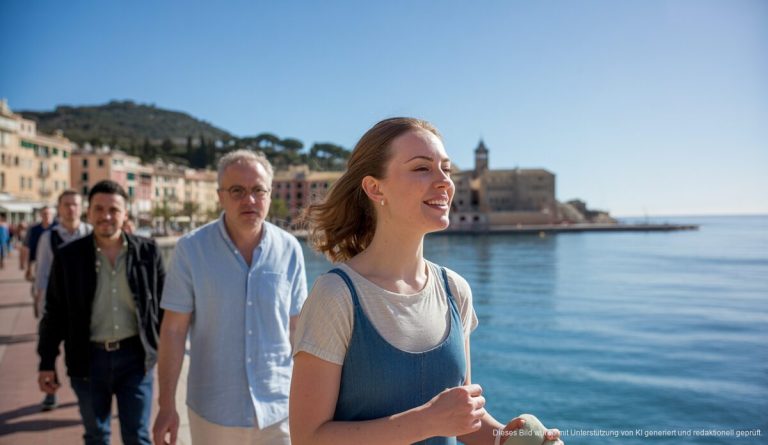 Frühlingstag in Port d'Andratx mit klarem Himmel und Menschen an der Promenade