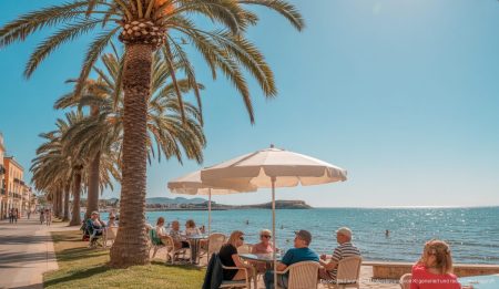 Ein sonniger Frühlingstag in Alcúdia, Mallorca mit der Mittelmeerküste im Hintergrund