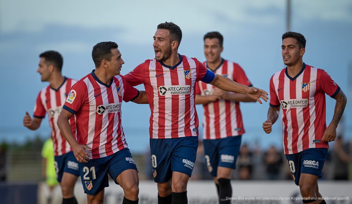 Atlético Baleares sichert sich zweiten Platz in der 2. RFEF Atlético Baleares feiert Tor gegen Atlètic Lleida bei windigem Wetter.