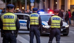 Gewalttätige Auseinandersetzungen in Palma: Polizei ermittelt Polizeibeamter bei Nacht in Palma vor Einsatzfahrzeug und Absperrung