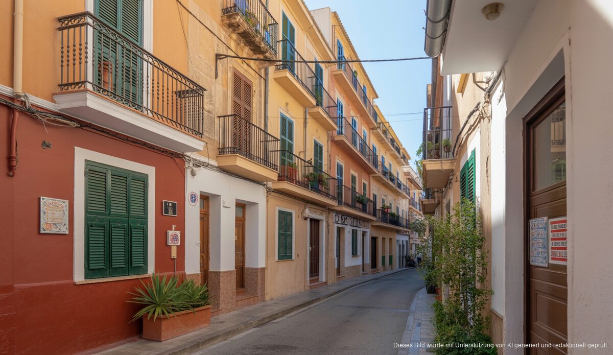 Illegale Ferienvermietung auf Mallorca sorgt für Probleme Straßenszene auf Mallorca mit Touristensignage und traditioneller Architektur.