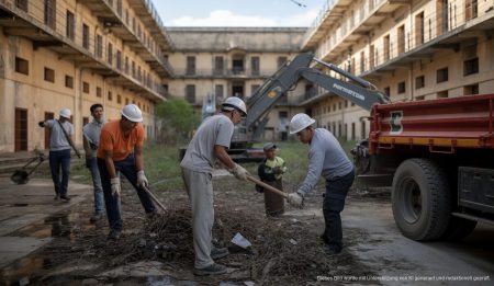 Arbeiter entfernen Müll in alter Haftanstalt in Palma