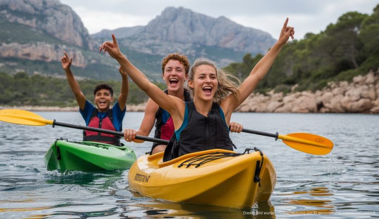 Jugendliche bei Abenteueraktivitäten in den Tramuntana-Bergen auf Mallorca.