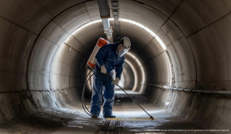 Ein Fachmann in Schutzausrüstung bei der Schädlingsbekämpfung im Abwassersystem von Llucmajor