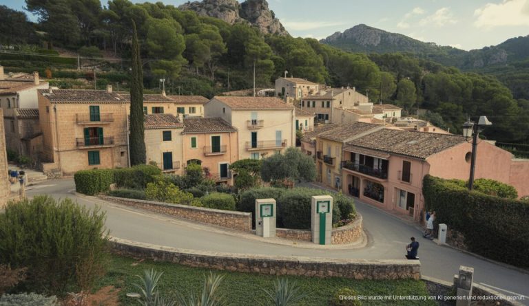 Mallorquinisches Dorf mit digitalem Wasserzähler im Vordergrund