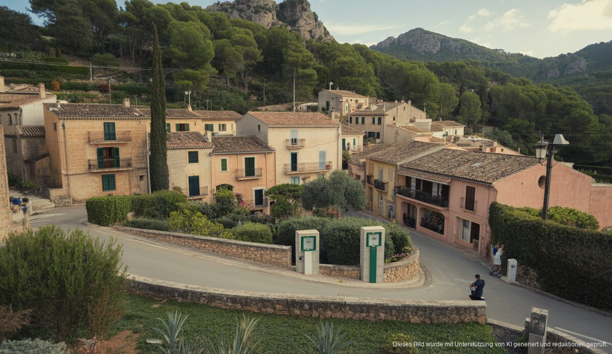 Mallorquinisches Dorf mit digitalem Wasserzähler im Vordergrund