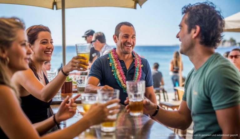 Eröffnung eines Strandlokals auf Mallorca mit fröhlichen Gästen und Sonne