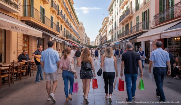 Geschäftige Straße in Palma de Mallorca mit Touristen und Musiker