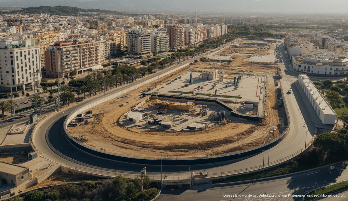 Luftaufnahme des Velódromo Illes Balears mit angrenzendem Bauland in Palma de Mallorca.
