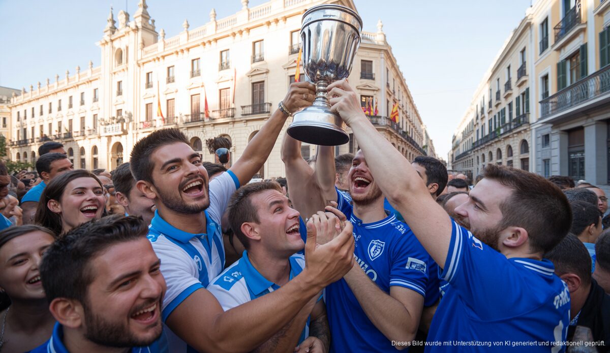 Feiernde Menschen in Manacor mit dem ConectaBalear Cup vor dem Rathaus.