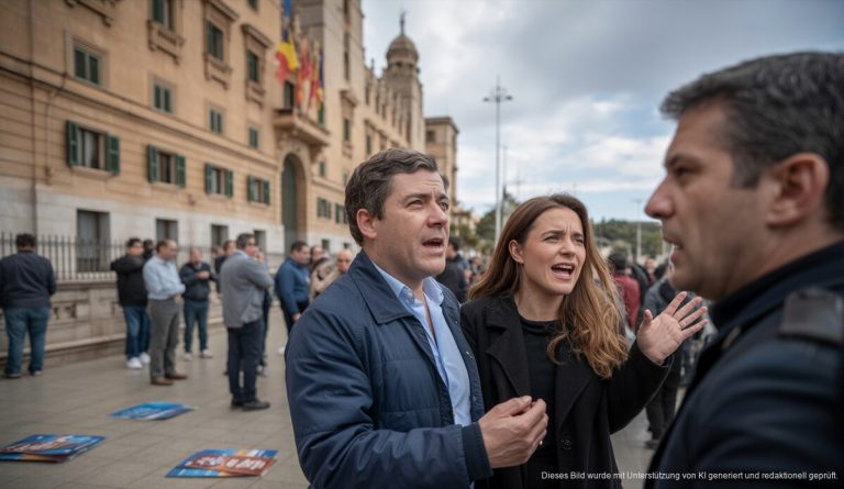 Bürger vor einem Regierungsgebäude in Palma de Mallorca in engagierter Diskussion