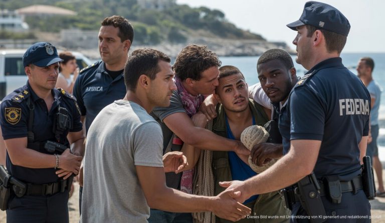 Streit um Flüchtlingspolitik auf den Balearen: Fragen zur Legalisierung erzeugen Kontroversen Migranten und Polizeibeamte auf Ibiza bei der Ankunftsszene