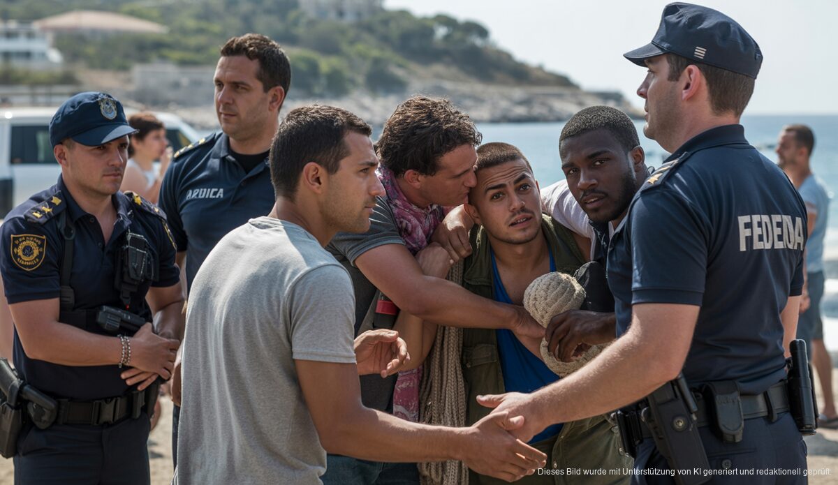 Streit um Flüchtlingspolitik auf den Balearen: Fragen zur Legalisierung erzeugen Kontroversen Migranten und Polizeibeamte auf Ibiza bei der Ankunftsszene