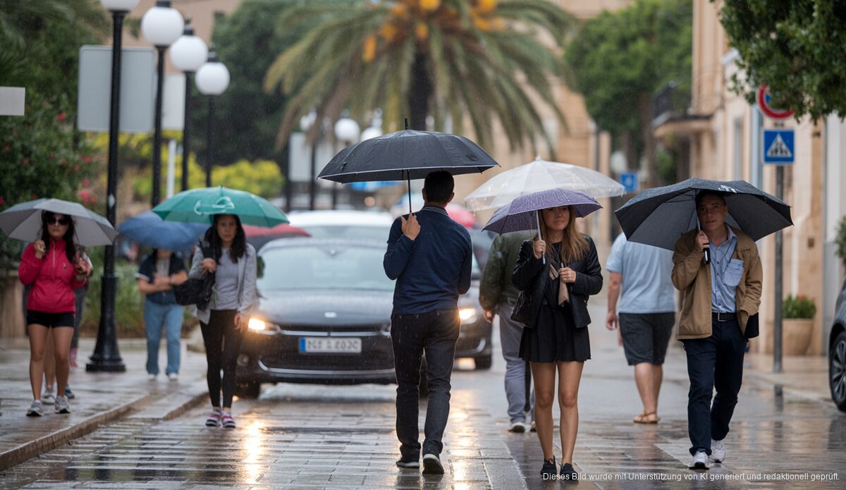 Mallorquinische Straße im Regen mit Fußgängern und Regenschirmen