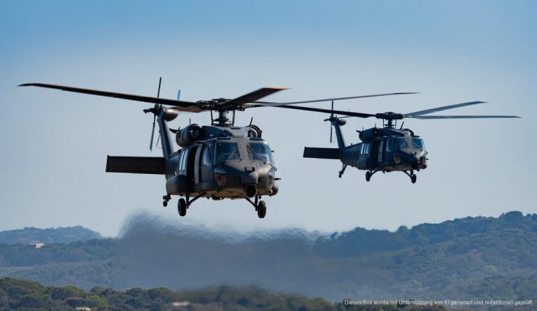 Militärisches Flugmanöver über Mallorca: Spannungen und strategische Bewegungen Militärische Black Hawk Hubschrauber über Mallorca, blauer Himmel