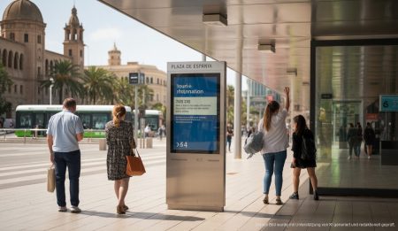 Modernisierte Touristeninformation an der Plaza de Espanya, Palma de Mallorca mit digitalen Bildschirmen