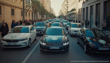 Straßenszene in Palma de Mallorca mit internationalen Fahrzeugen und Umweltplaketten