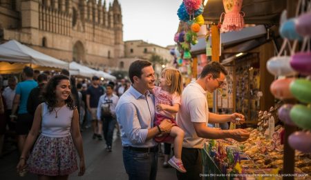 Feierliche Osterstimmung auf Mallorca mit traditionellen Dekorationen und fröhlichen Menschen.