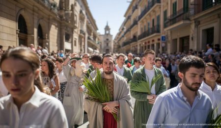Prozession zu Ostern in Palma de Mallorca mit traditionellen Gewändern.