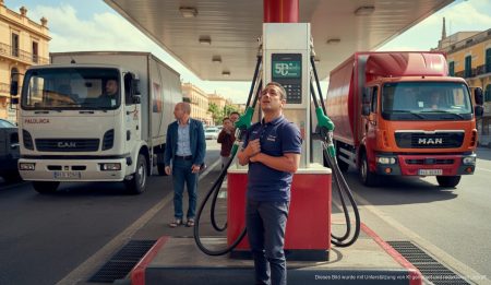 Transportkrise auf Mallorca: Anstieg der Kraftstoffpreise bedroht Versorgung LKWs an der Tankstelle auf Mallorca, steigende Kraftstoffpreise verursachen Krisenstimmung