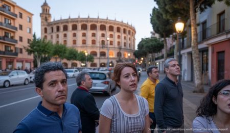 Plaza de Toros in Palma de Mallorca bei Einbruch der Dunkelheit mit besorgten Anwohnern im Vordergrund