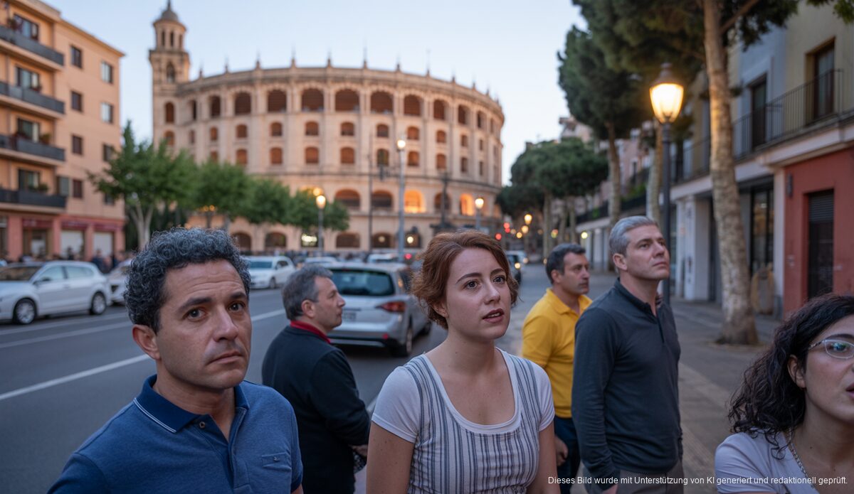 Gericht entscheidet: Palma muss Lärmentschädigung zahlen Plaza de Toros in Palma de Mallorca bei Einbruch der Dunkelheit mit besorgten Anwohnern im Vordergrund