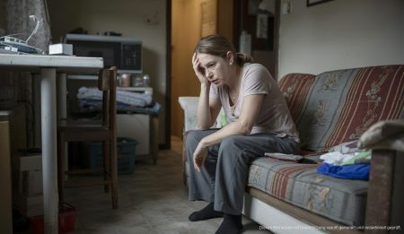 Frau in erschöpfter Pose in einer schlichten Wohnung, Palma