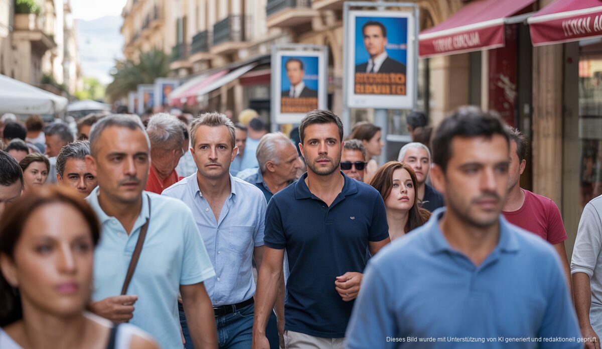 Kontroversen um neue politische Maßnahmen auf Mallorca Straßenszene auf Mallorca mit Menschen und politischen Plakaten