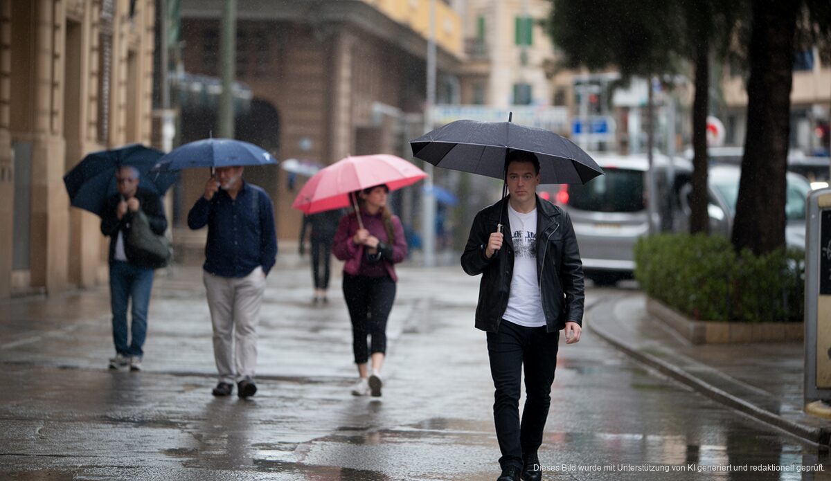 Regen und windiges Wetter in Palma de Mallorca mit Leuten unter Regenschirmen auf einer nassen Straße
