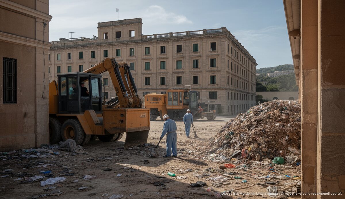 Bergungsarbeiten in der alten Gefängnisanlage von Palma, Maschinen entfernen Müll