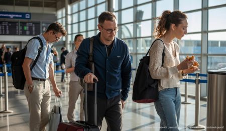 Passagiere mit Snacks am Flughafen Palma de Mallorca
