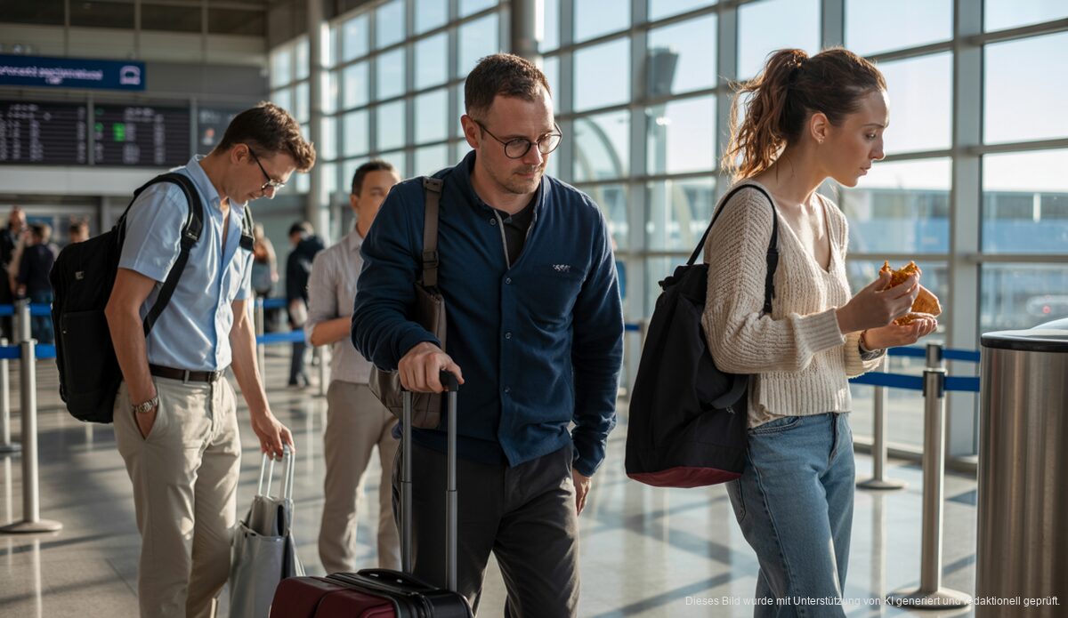 Passagiere mit Snacks am Flughafen Palma de Mallorca