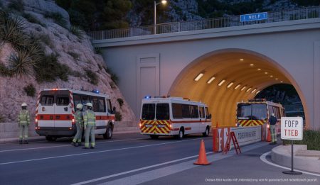 Nächtliche Schließung des Tunnels von Sóller für Sicherheitstests Nächtliche Schließung des Tunnels von Sóller auf Mallorca für Sicherheitsüberprüfung, mit Einsatzfahrzeugen und Umleitungen.