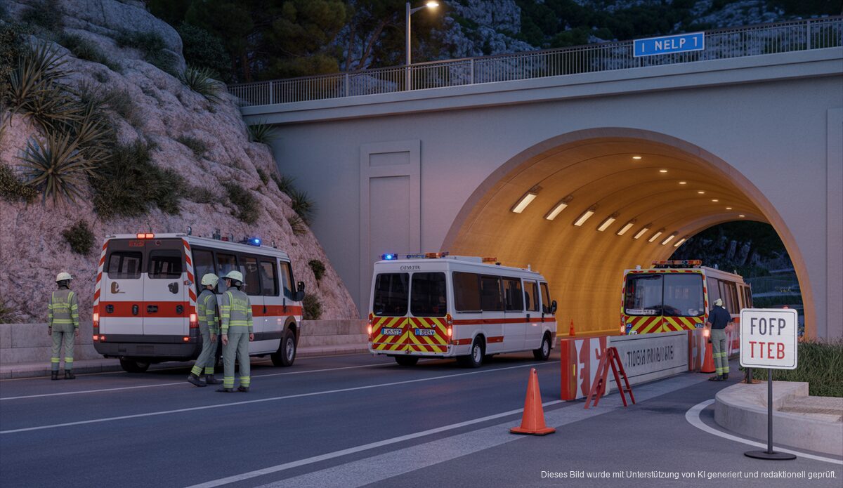 Nächtliche Schließung des Tunnels von Sóller auf Mallorca für Sicherheitsüberprüfung, mit Einsatzfahrzeugen und Umleitungen.