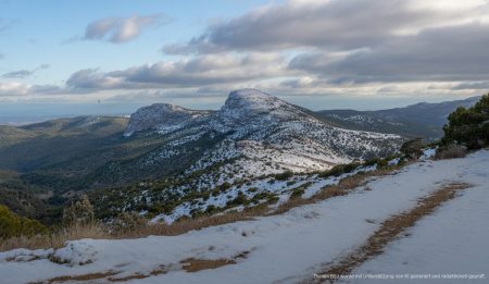 Schnee bedeckte Gipfel in der Serra de Tramuntana auf Mallorca