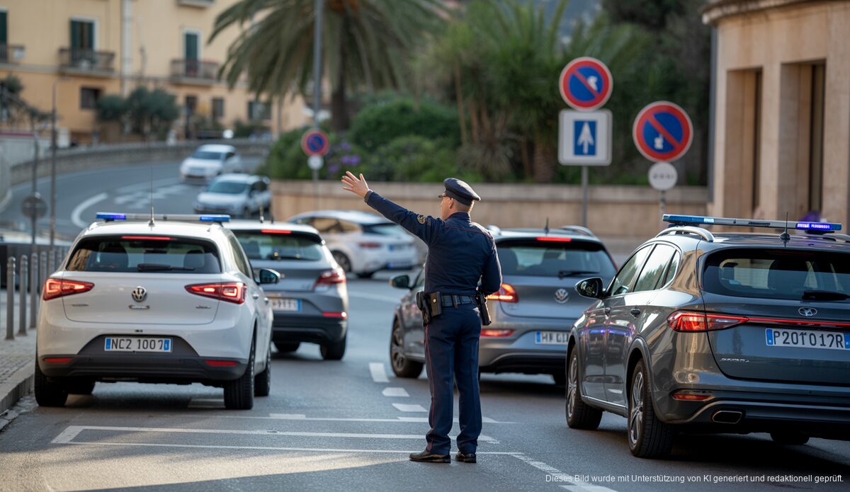 Sóller führt Umweltzone ein: Neue Regeln für das Stadtzentrum Polizist in Sóller erklärt neuen Umweltzonenregeln mit Mietwagen im Hintergrund.