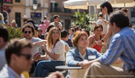 Sonnige Wetterprognosen für Palma de Mallorca und Santanyí Palma de Mallorca in der Frühlingssonne: Menschen in Straßencafés