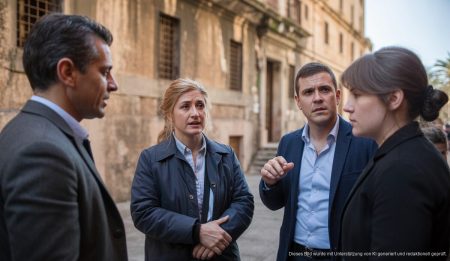 Soziale Arbeiter diskutieren die Räumung an einer alten Haftanstalt in Palma.