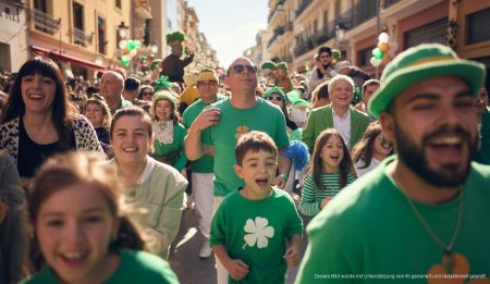 St. Patrick's Day Parade in Santa Ponsa auf Mallorca mit Musik und fröhlichen Menschen