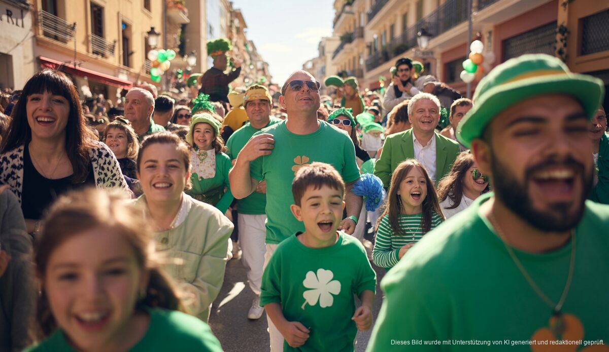 St. Patrick's Day Parade in Santa Ponsa auf Mallorca mit Musik und fröhlichen Menschen