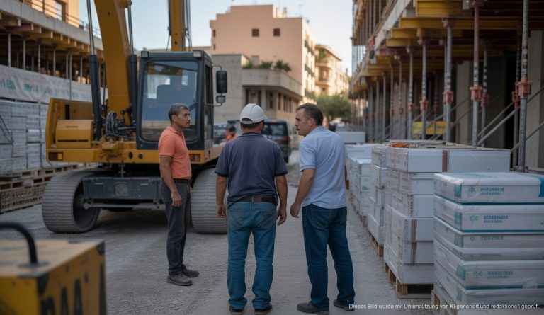 Bauarbeit auf Mallorca mit besorgten Arbeitern und Baumaschinen
