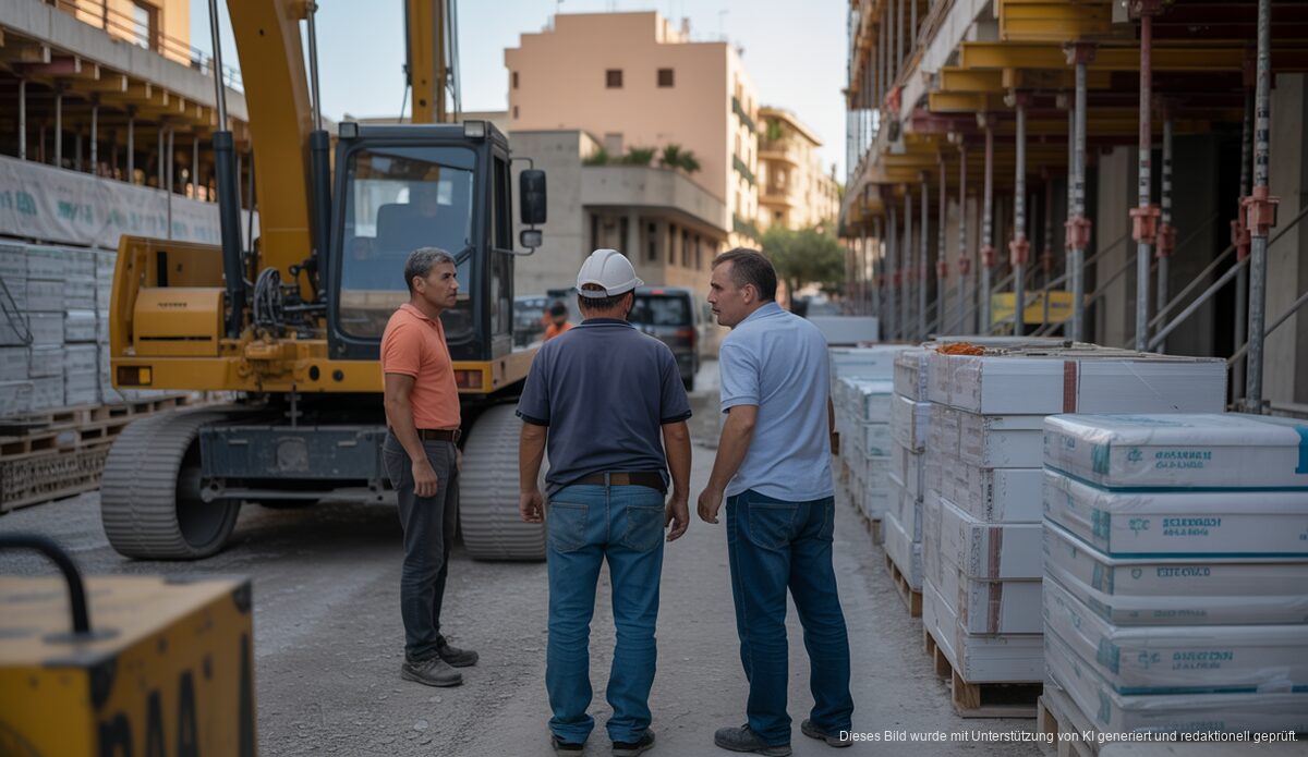 Bauarbeit auf Mallorca mit besorgten Arbeitern und Baumaschinen