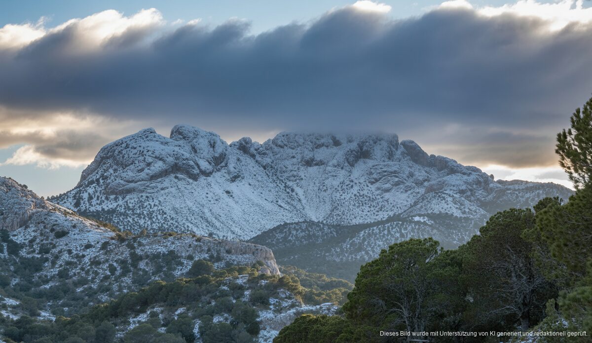 Schnee bedeckte Gipfel der Serra de Tramuntana unter dunklen Wolken