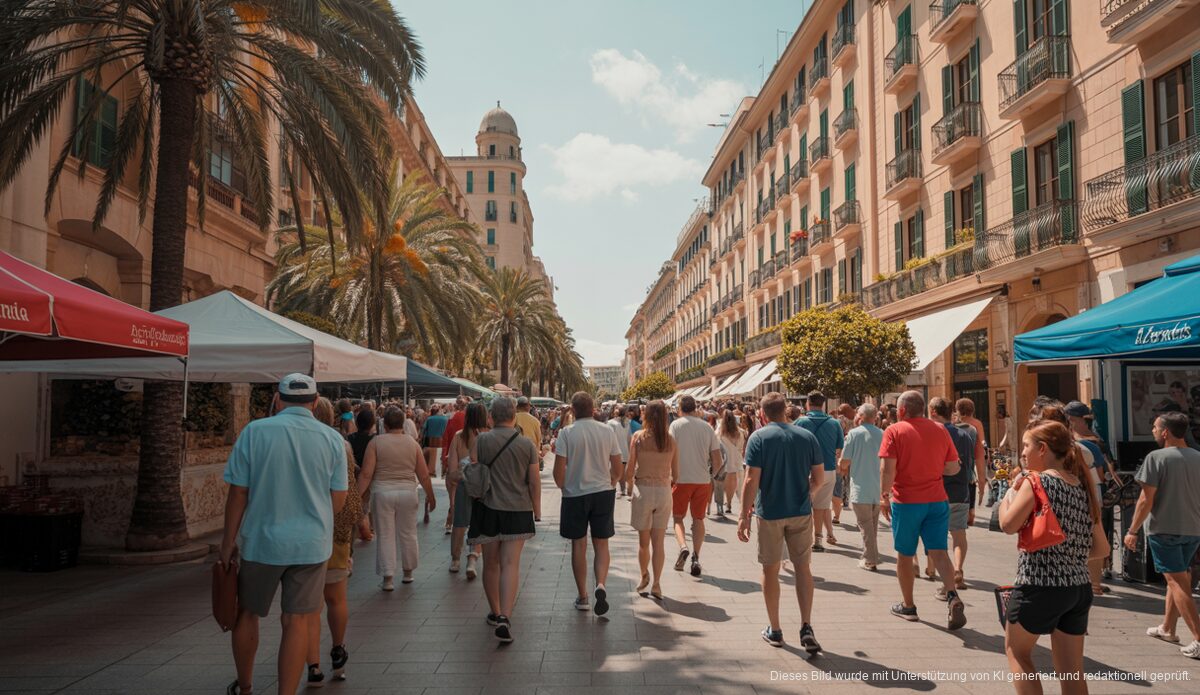 Touristen in Palma de Mallorca genießen den frühen Saisonstart im March mit offenen Hotels und belebten Straßen