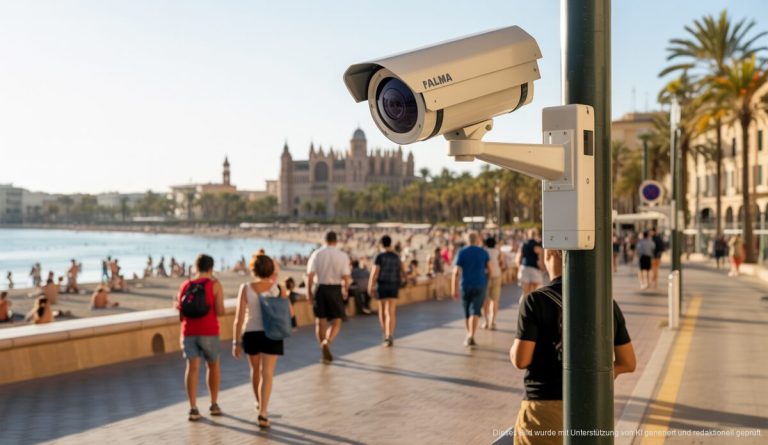 Überwachungskameras an der Playa de Palma überwachen die Sicherheit bei strahlendem Sonnenschein.